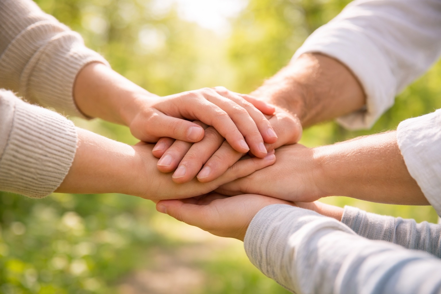 Mehrere Hände übereinander als Symbol für Zusammenhalt und Unterstützung in Familie und Beziehungen